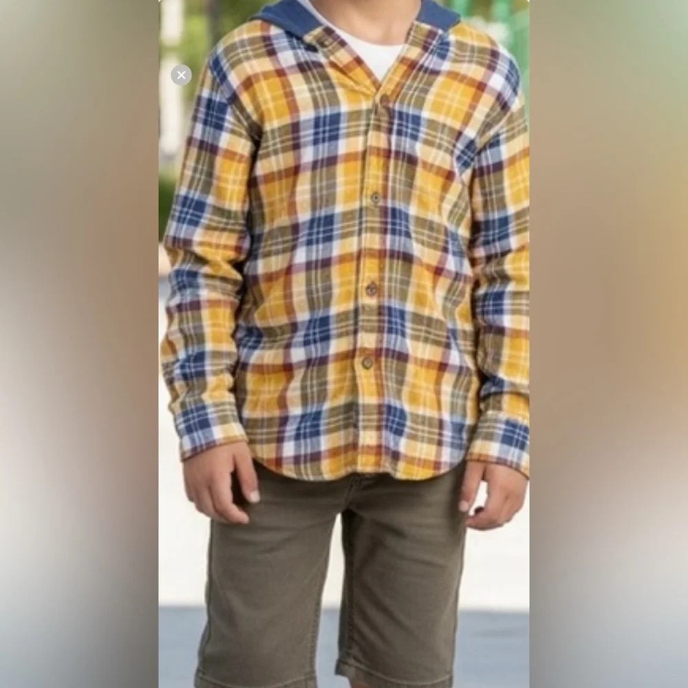 Carters Hooded Boy’s Button Down - Blue and Yellow and Burgundy Size 10